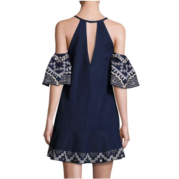Red Carter Phoebe Mini Dress Linen Cotton Embroidered Navy Cold Shoulder Sz S - Picture 2 of 10